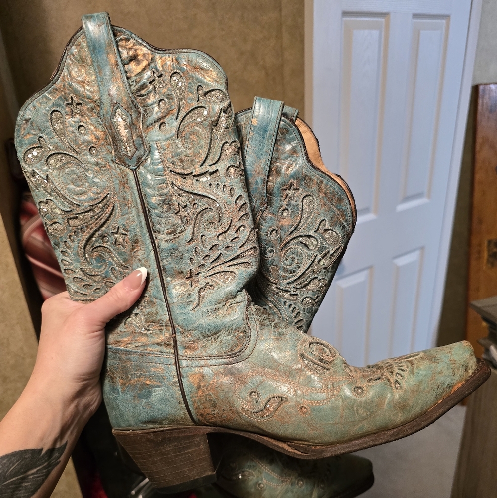 Turquoise Western Heeled Boots